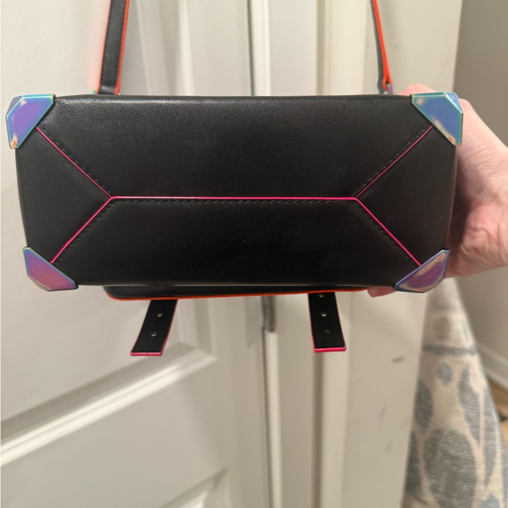 Rare Michael Kors Neon Trim Satchel Crossbody Black Leather Rainbow Hardware - Picture 5 of 6